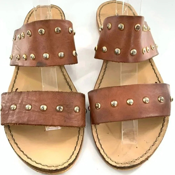 niccolo vacari womens sandals 10 brown Italian leather straps studded slides - Picture 2 of 12
